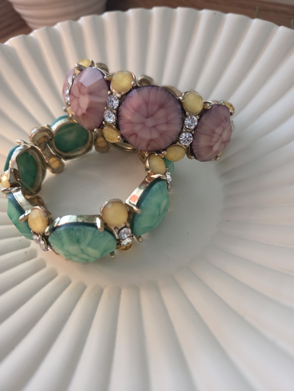 Women's Multicolor Stone Stretch Bracelet - Pink, Teal & Yellow Set of 2 chunky